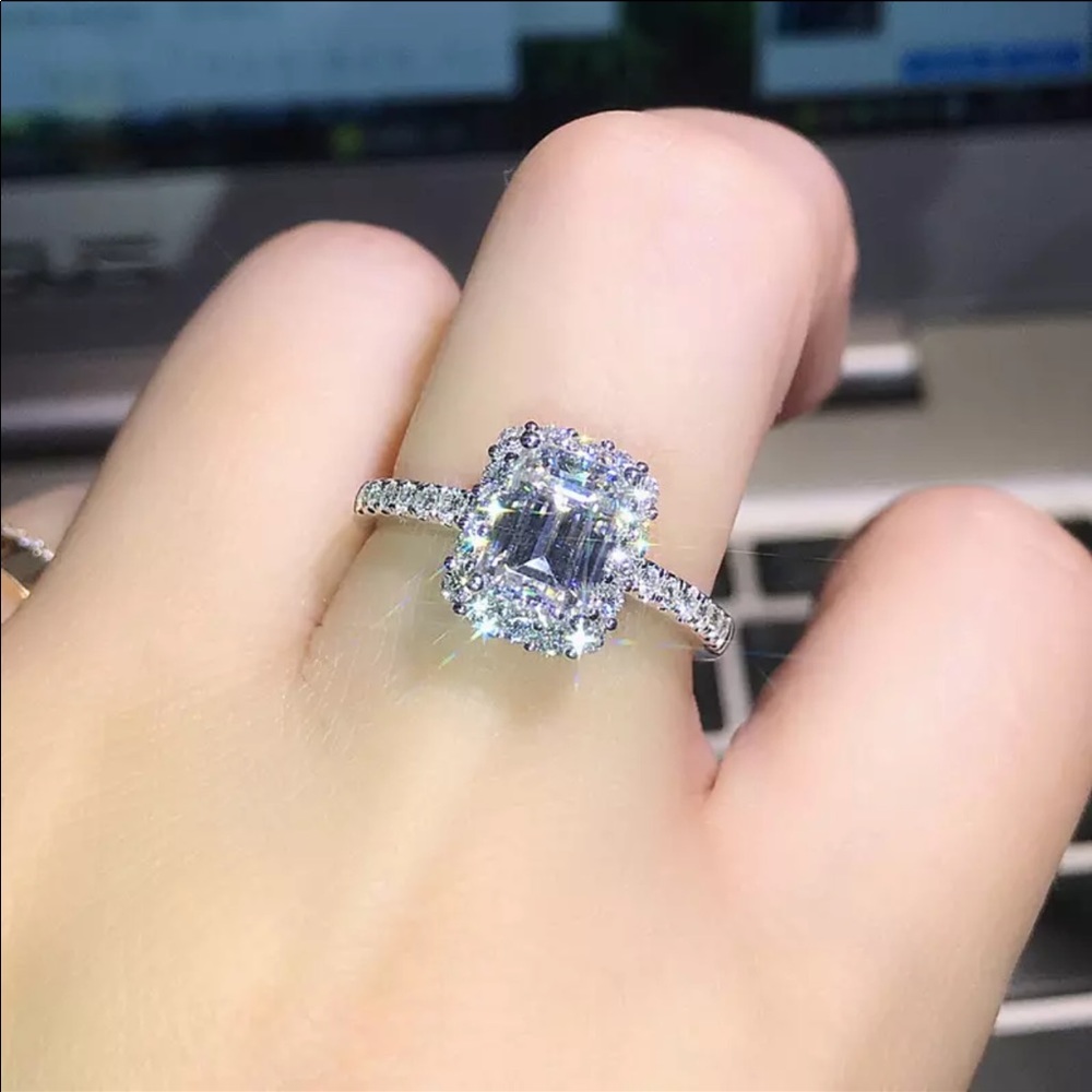 18k White Gold Emerald Cut Diamond Halo Ring, NICE EARRINGS, CUTE EARRINGS - Picture 4 of 5